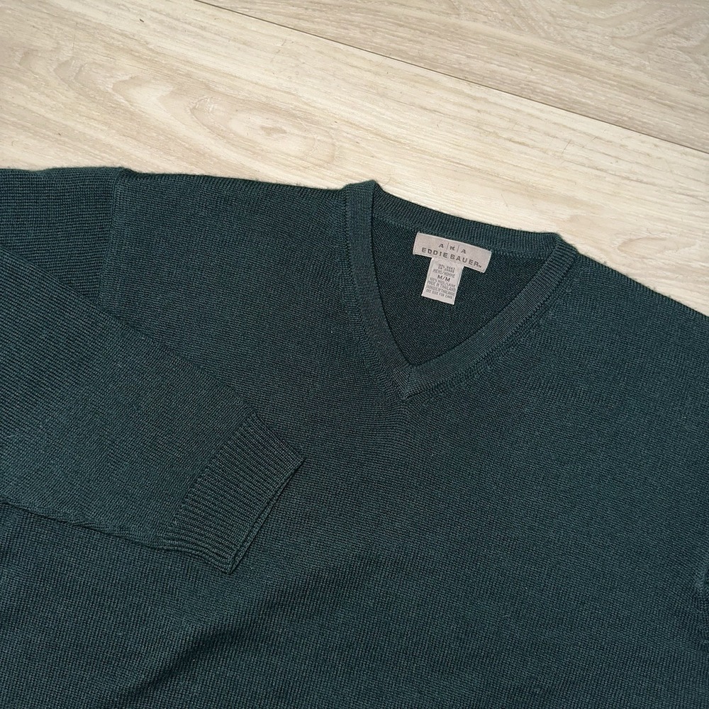 Vintage Eddie Bauer Sweater Mens Medium Green Wool Knit Outdoor V-neck Cozy